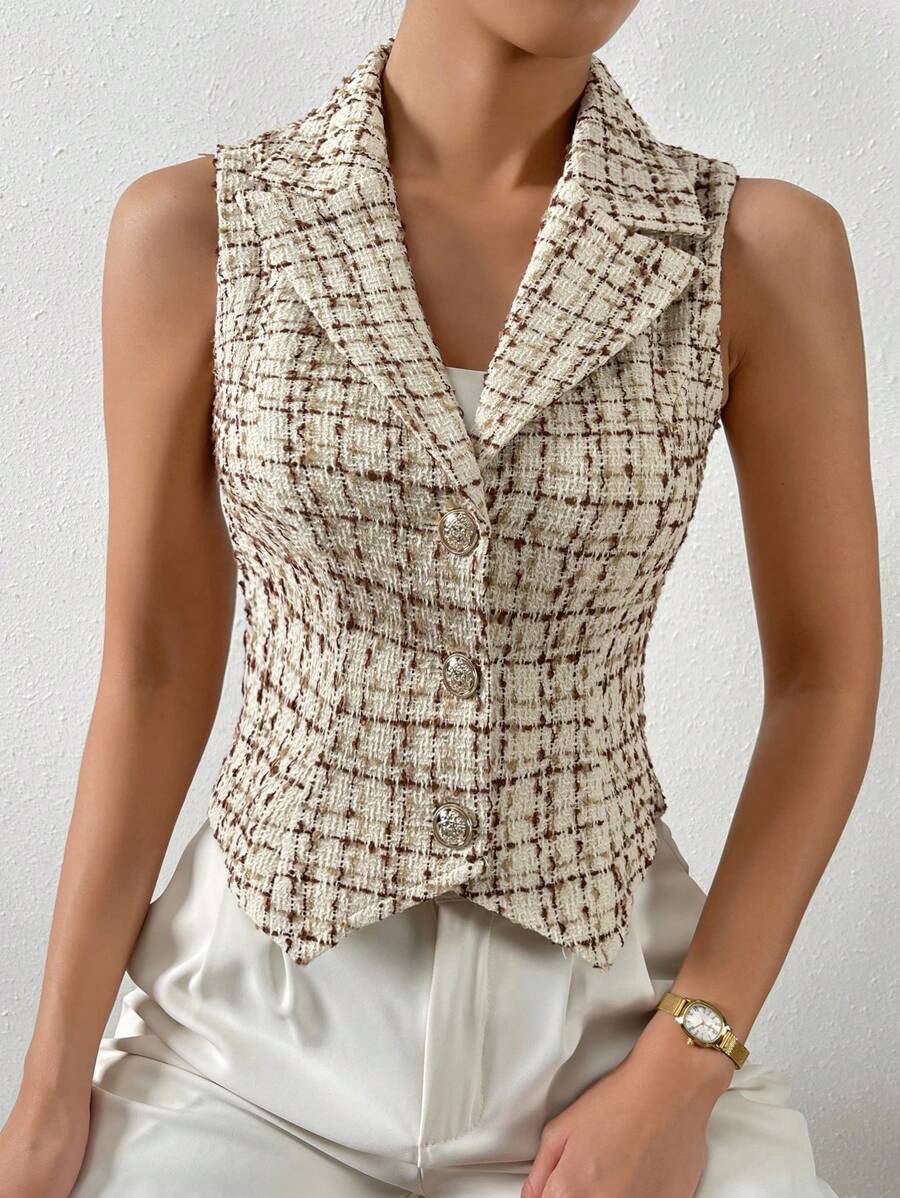 SHEIN Privé Áo khoác  âu phục nữ Nút phía trước Sọc ca rô Thanh lịch - Màu be - Xem 1