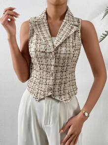SHEIN Privé Áo khoác  âu phục nữ Nút phía trước Sọc ca rô Thanh lịch - Màu be - Xem 3