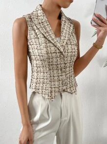 SHEIN Privé Áo khoác  âu phục nữ Nút phía trước Sọc ca rô Thanh lịch - Màu be - Xem 4