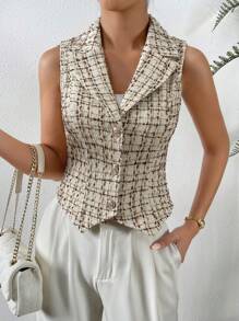 SHEIN Privé Áo khoác  âu phục nữ Nút phía trước Sọc ca rô Thanh lịch - Màu be - Xem 5