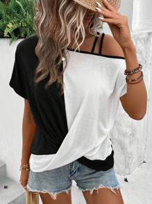 SHEIN LUNE Áo thun nữ Bất đối xứng Khối Màu Giải trí - Đen và trắng - Xem 4