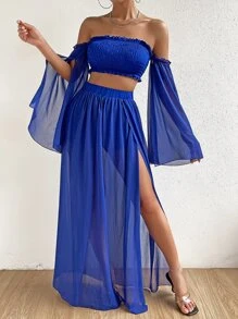 SHEIN LUNE 一字肩開衩袖打褶短款上衣和高衩網紗半身裙 - 藍色 - 查看 1