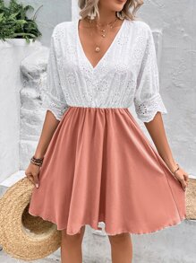 Breezaya Đầm Sò điệp Tranh thêu Khối Màu Boho - Bụi hồng - Xem 3