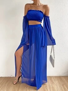 SHEIN LUNE 一字肩開衩袖打褶短款上衣和高衩網紗半身裙 - 藍色 - 查看 3