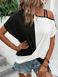 SHEIN LUNE Áo thun nữ Bất đối xứng Khối Màu Giải trí - Đen và trắng - Xem 5