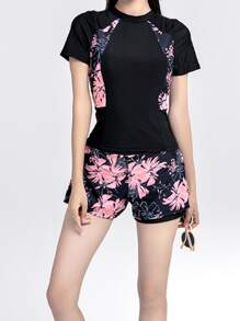 Women's Swimwear 2023 New Short Sleeve Two-Piece Separates Cover Belly Conservative Hot Spring Bath Suit Summer - Black - View 1