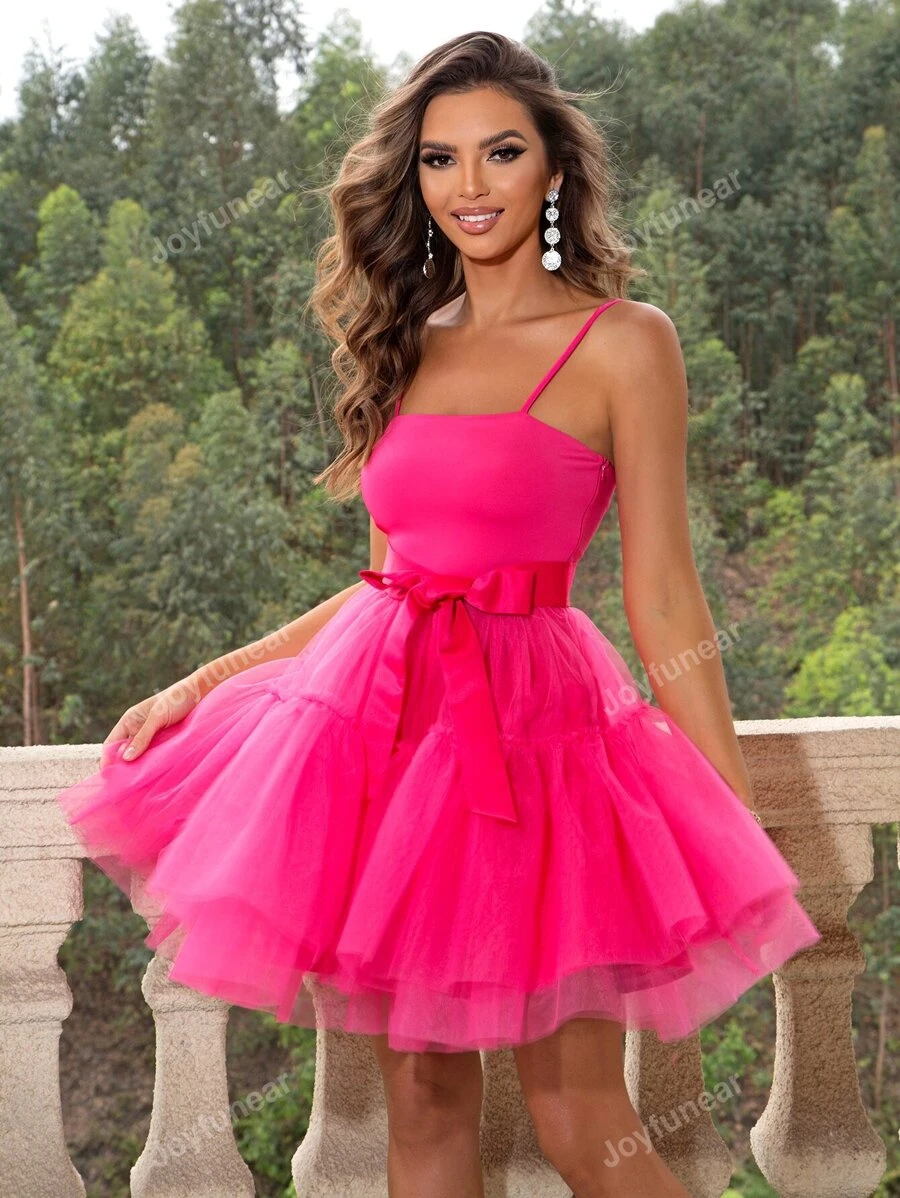 Joyfunear Vestido de tirantes con malla con cinturón