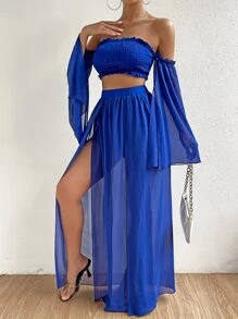 SHEIN LUNE 一字肩開衩袖打褶短款上衣和高衩網紗半身裙 - 藍色 - 查看 6