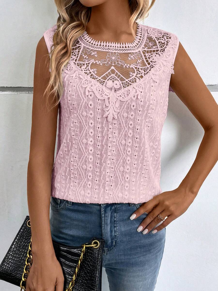 SHEIN LUNE Áo khoác và áo lót dành cho xe tăng nữ Nút Tương phản ren màu trơn Thanh lịch - Màu Hồng baby - Xem 1