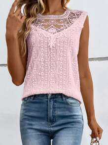 SHEIN LUNE Áo khoác và áo lót dành cho xe tăng nữ Nút Tương phản ren màu trơn Thanh lịch - Màu Hồng baby - Xem 3