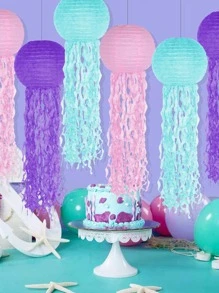 6 Pcs Jelly Fish Paper Lanterns Pink Green Blue Hanging Lantern For Mermaid Theme Under For Hawaiian Tropical The Sea Ocean Birthday Party Decorations,