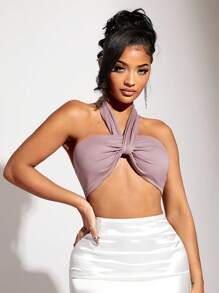 SHEIN SXY Solid Crop Halter Top - Dusty Purple - View 1