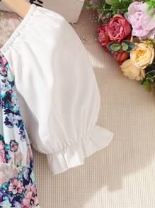 SHEIN 女孩印花泡泡袖前蝴蝶結洋裝 - 彩色 - 查看 3