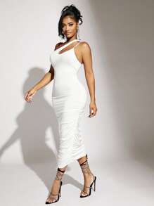SHEIN SXY 單肩側收褶緊身連衣裙 - 白色 - 查看 3