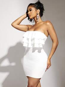 SHEIN SXY Ruffle Trim Tube Bodycon Dress - White - View 3