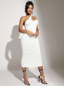 SHEIN SXY 單肩側收褶緊身連衣裙 - 白色 - 查看 4