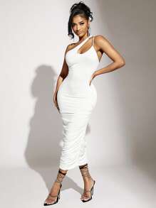 SHEIN SXY 單肩側收褶緊身連衣裙 - 白色 - 查看 5