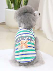 1入組條紋圖案和卡通小熊印花寵物背心適用於狗狗和貓適合夏天 - 彩色 - 查看 1