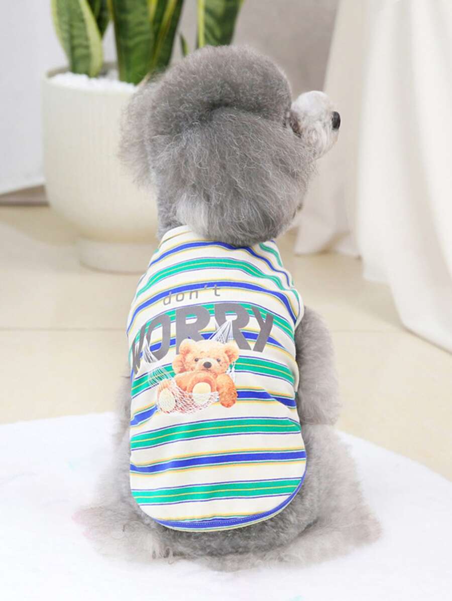 1入組條紋圖案和卡通小熊印花寵物背心適用於狗狗和貓適合夏天 - 彩色 - 查看 1