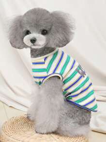 1入組條紋圖案和卡通小熊印花寵物背心適用於狗狗和貓適合夏天 - 彩色 - 查看 2