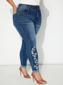 SHEIN SXY Plus Floral Embroidery Skinny Jeans - Dark Wash - View 1