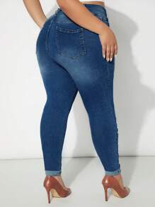 SHEIN SXY Plus Floral Embroidery Skinny Jeans - Dark Wash - View 2