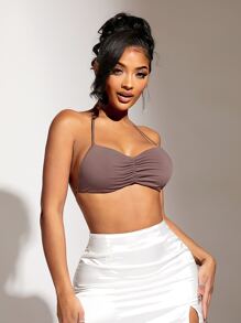 SHEIN SXY Ruched Front Tie Backless Crop Halter Top - Mocha Brown - View 1