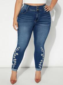 SHEIN SXY Plus Floral Embroidery Skinny Jeans - Dark Wash - View 6