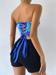 Chiquease Top bandeau con estampado de espalda abierta con cordón - Azul - Ver 2