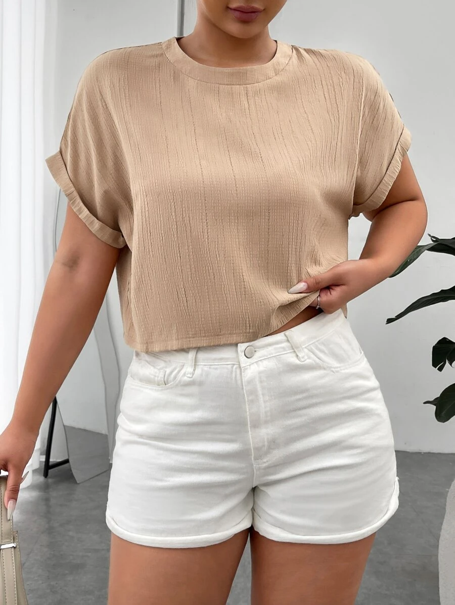 SHEIN EZwear Plus Solid Batwing Sleeve Blouse - Khaki - View 1