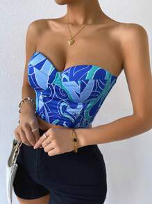 Chiquease Top bandeau con estampado de espalda abierta con cordón - Azul - Ver 4