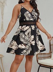 SHEIN Clasi 大碼熱帶圖案水溶蕾絲拼接吊帶連衣裙 - 黑色 - 查看 6