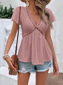 SHEIN Frenchy Eyelet Embroidery Contrast Lace Peplum Tee Summer Pink Casual - Dusty Pink - View 1