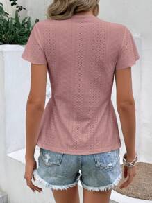 SHEIN Frenchy Eyelet Embroidery Contrast Lace Peplum Tee Summer Pink Casual - Dusty Pink - View 2