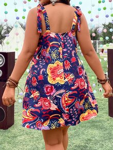 SHEIN Holidaya Vestido de tirantes con estampado de paisley de hombros con cordón - Multicolor - Ver 2