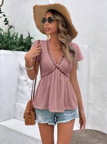 SHEIN Frenchy Eyelet Embroidery Contrast Lace Peplum Tee Summer Pink Casual - Dusty Pink - View 6