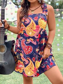 SHEIN Holidaya Vestido de tirantes con estampado de paisley de hombros con cordón - Multicolor - Ver 6