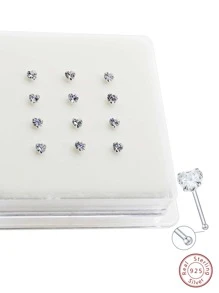 12入組/套前衛方晶鋯石愛心裝飾銀鼻釘適合女士適用於生日禮物 - 銀色 - 查看 1