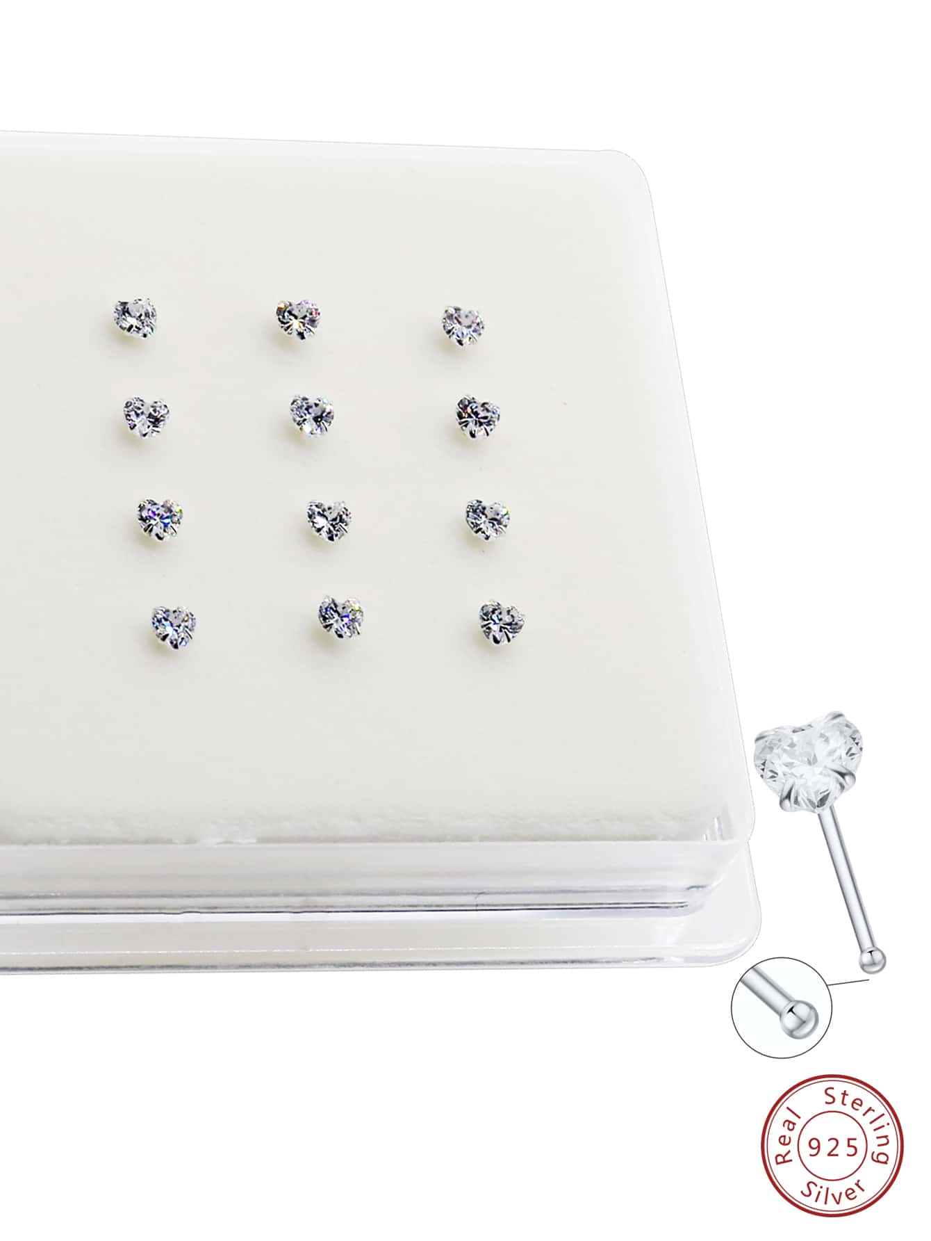 12入組/套前衛方晶鋯石愛心裝飾銀鼻釘適合女士適用於生日禮物 - 銀色 - 查看 1