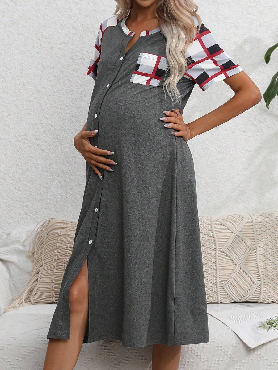 SHEIN Maternity Plaid Print Pocket Patched Button Front Nightdress - Dark Grey - View 1