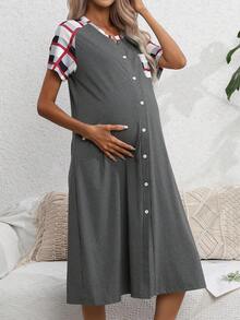 SHEIN Maternity Plaid Print Pocket Patched Button Front Nightdress - Dark Grey - View 3
