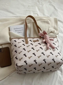 卡通兔圖案單肩托特包撞色滾邊 - 卡其色 - 查看 2