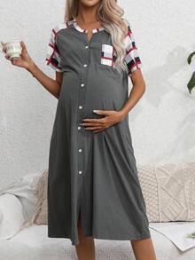 SHEIN Maternity Plaid Print Pocket Patched Button Front Nightdress - Dark Grey - View 5