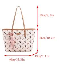 卡通兔圖案單肩托特包撞色滾邊 - 卡其色 - 查看 4