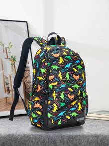 Boys Dinosaur Pattern Functional Backpack Polyester Patch Detail - Black - View 1