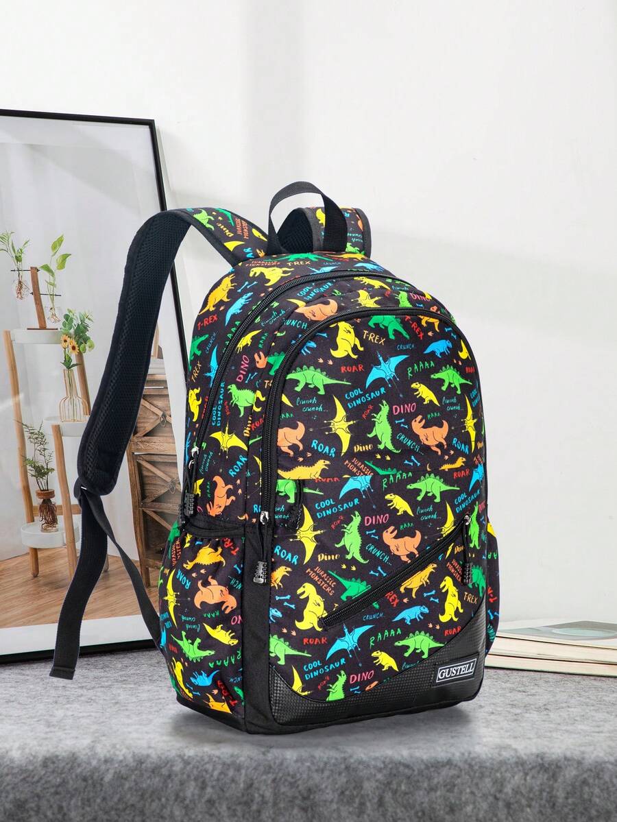 Boys Dinosaur Pattern Functional Backpack Polyester Patch Detail - Black - View 1