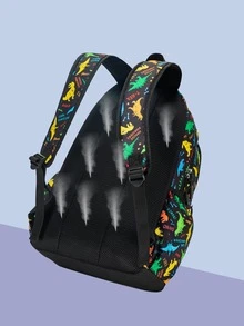 Boys Dinosaur Pattern Functional Backpack Polyester Patch Detail - Black - View 2