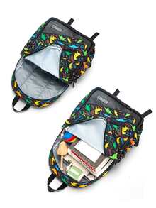 Boys Dinosaur Pattern Functional Backpack Polyester Patch Detail - Black - View 4