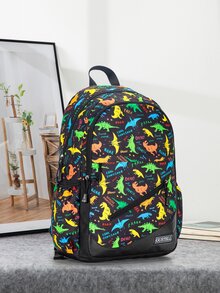 Boys Dinosaur Pattern Functional Backpack Polyester Patch Detail - Black - View 6