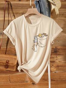 INAWLY 卡通图案 T 恤 图案 T 恤 女式上衣 - 卡其色 - 查看 1